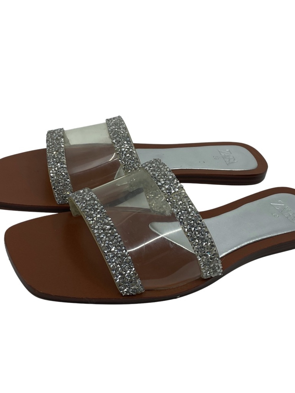 Zara Clear Double-Strap Slide Sandals with Silver‎ Crystal Trim